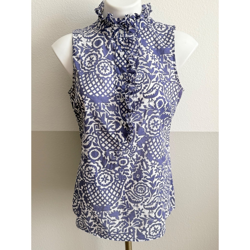 Tory Burch Purple White Bird Floral Print Ruffle Neck Sleeveless Cotton Top 6